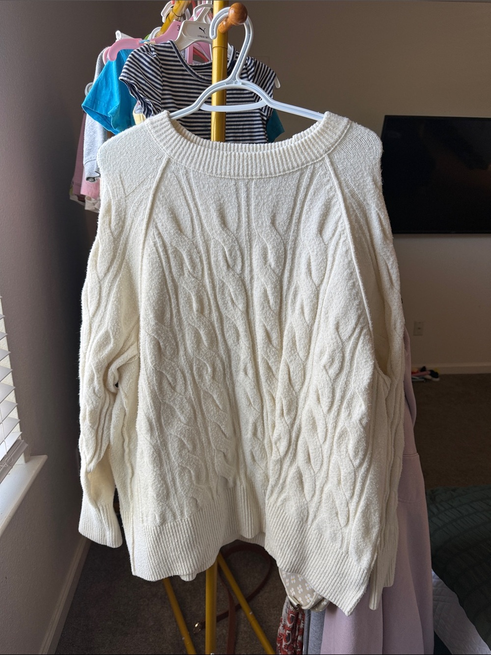 aerie Cable-Knit Cream Crewneck Sweater